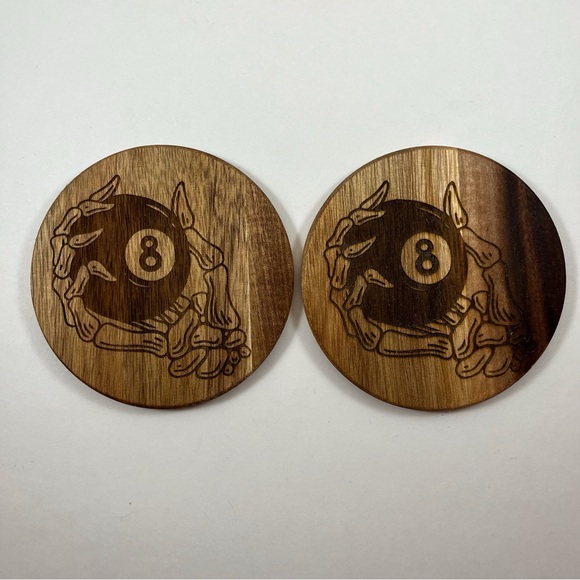Laser Engraved 8 Eight Ball Skeleton Hand Pool Coasters Cutting Serving Board - Picture 3 of 3